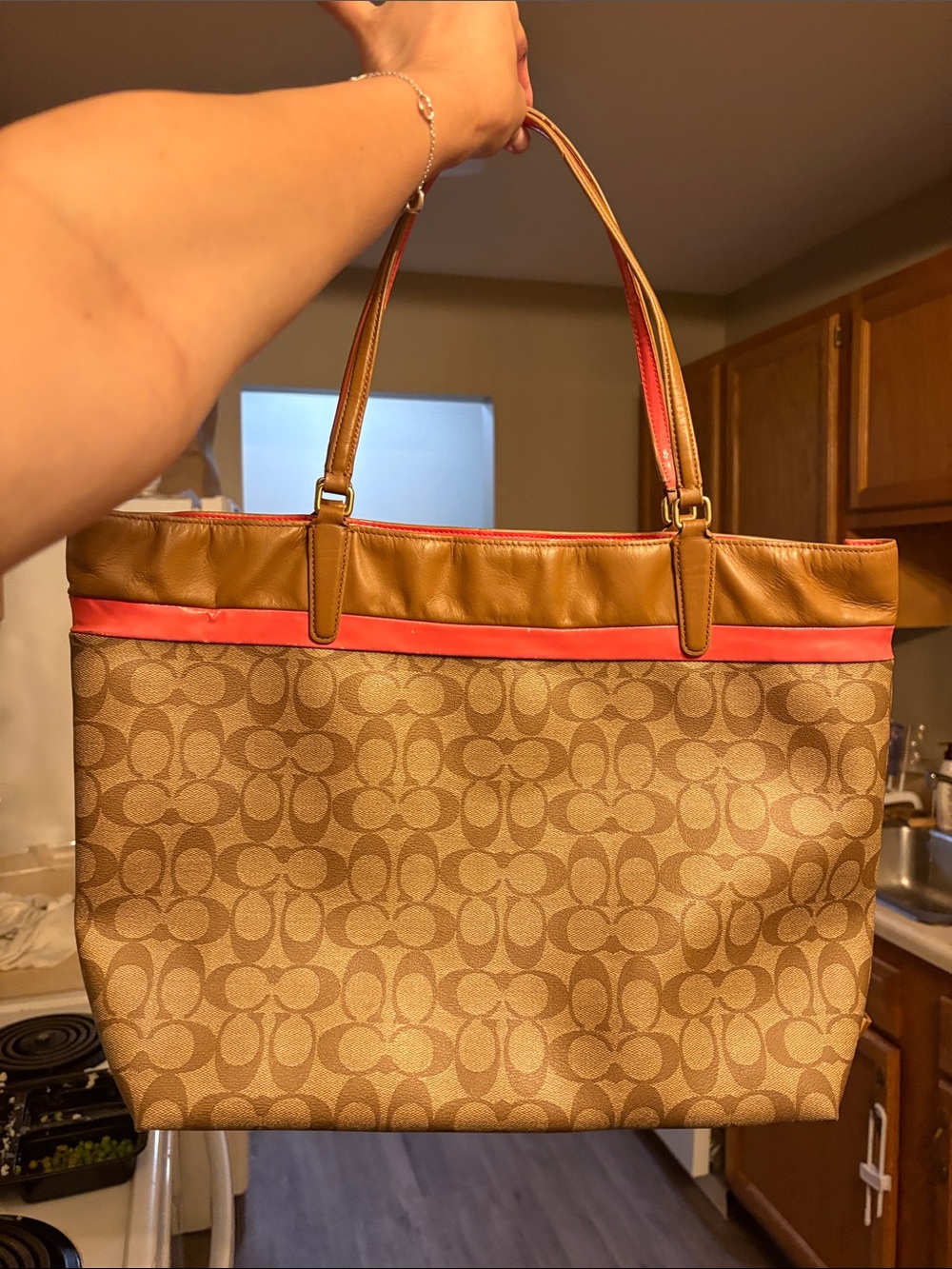 Coach extra large Signature Monogram Tote in Tan with Coral Trim with zipped top